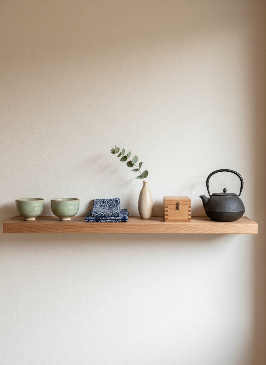 A tastefully curated display of Japanese artisan goods on a floating ash-wood shelf: hand-thrown celadon tea bowls with subtle crackle glaze, folded indigo-dyed tenugui cloths, a small kiri wood box with precise joinery, and a minimalist cast-iron kyusu teapot with a smooth matte finish. A single sprig of eucalyptus rests in a slender, unglazed porcelain bud vase, adding a restrained organic accent. The wall behind is a soft warm white with a fine plaster texture. Indirect natural light washes gently across the scene from the right, creating refined shadows that emphasize form without harsh contrast. Shot straight-on with sharp focus throughout in photographic realism, the composition is balanced yet asymmetrical, conveying a gallery-like, contemplative atmosphere that highlights the sophistication of curated Japanese craftsmanship.