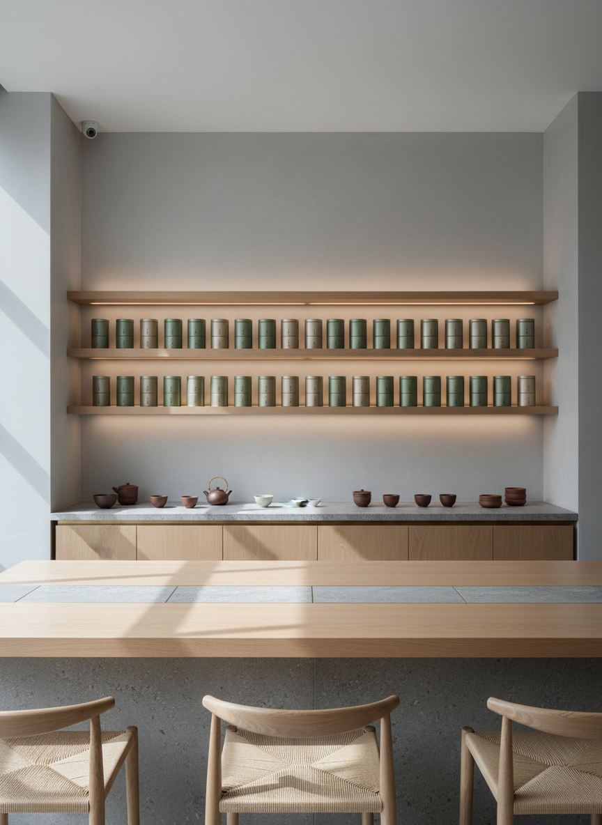 An interior wide shot of a minimalist London matcha bar, showcasing a long, pale oak counter with integrated stone insets, low-profile built-in shelving lined with neatly arranged matcha tins and Japanese ceramics, and a backdrop of soft grey plaster walls. Discreet brass details on the shelving and counter edges add a subtle glow. Large, unseen windows to the left bathe the space in cool, diffused daylight, creating gentle reflections on the counter and soft shadows beneath the shelves. The seating area is hinted at with slim, backless stools in light wood and woven cord. Captured at eye level with sharp focus throughout in photographic realism, the composition emphasizes horizontal lines and negative space, establishing a calm, sophisticated, and contemporary atmosphere for the matcha cafe.