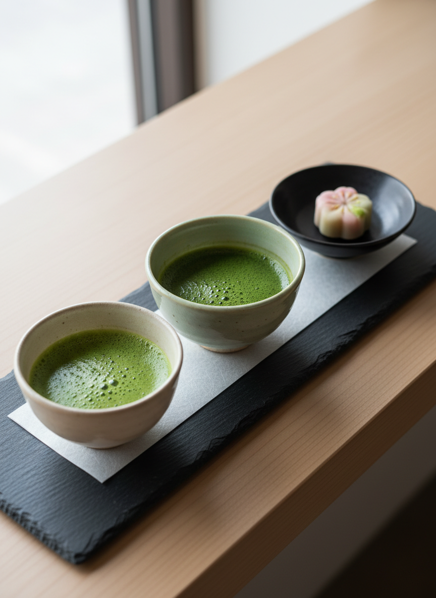 A refined presentation platter for a matcha tasting flight displayed on a slim rectangular slate tray: three small, distinct ceramic bowls in tonal shades of white, pale grey, and soft celadon, each containing a different intensity of whisked matcha from bright jade to deep forest green. A narrow strip of washi paper with subtle fibers runs beneath the bowls, and a tiny black ceramic dish holds a single wagashi sweet in delicate pastel tones. Soft, balanced overhead lighting and gentle side light from an unseen window create minimal, crisp shadows. The background is a blurred hint of a pale wooden counter edge. Shot from a slightly elevated angle in photographic realism, the composition feels ceremonial, controlled, and sophisticated, ideal for showcasing curated matcha experiences.