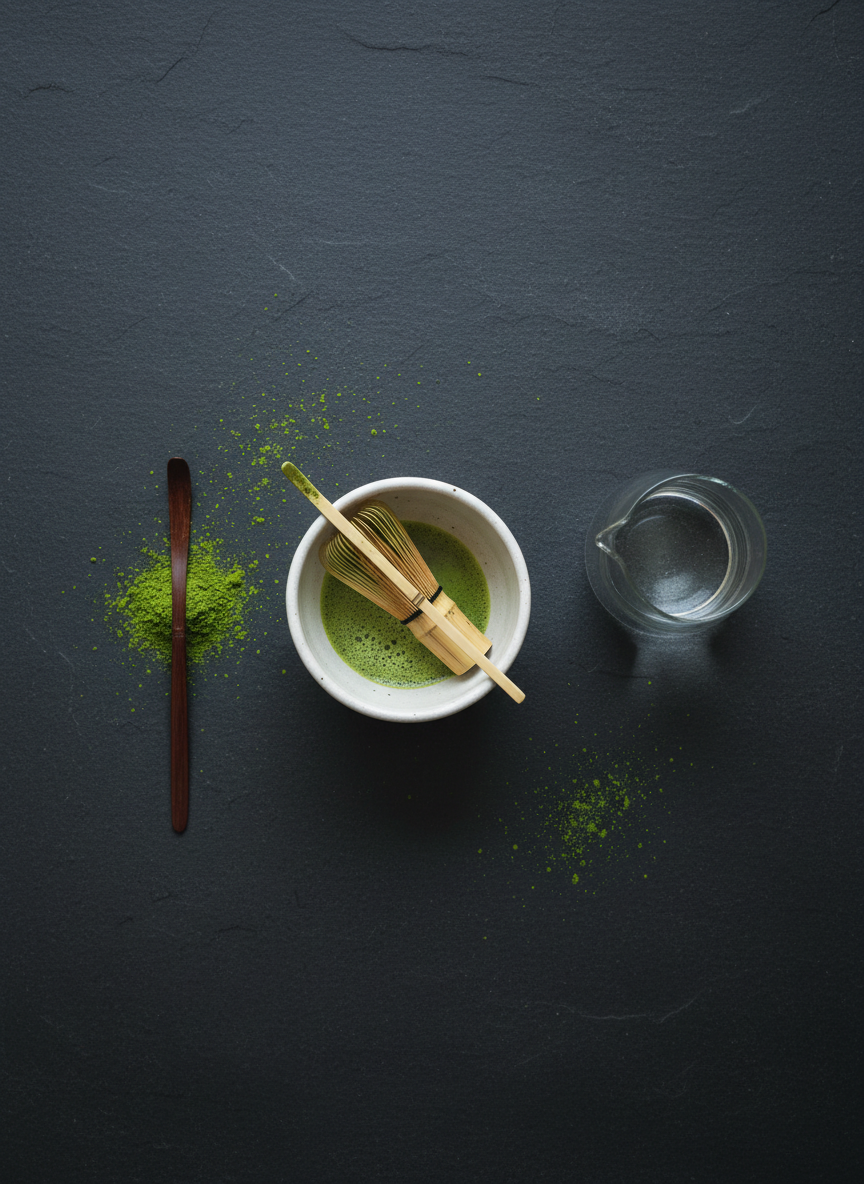 An elegant flat lay of a refined matcha preparation ritual on a dark charcoal stone surface, featuring a matte white ceramic chawan, a finely carved bamboo chasen dusted with matcha, a slender lacquered chashaku resting across a small mound of vibrant green powder, and a minimalist glass carafe of filtered water. Tiny specks of matcha are artfully scattered, suggesting recent use. Soft, diffused overhead lighting mimics an overcast London sky, creating gentle, even illumination with subtle shadows that emphasize texture in the stone and ceramics. The mood is serene and deliberate, with careful spacing between each object. Shot from a true bird’s-eye perspective in photographic realism, the composition feels curated and editorial, reflecting the sophisticated identity of a contemporary London matcha bar.