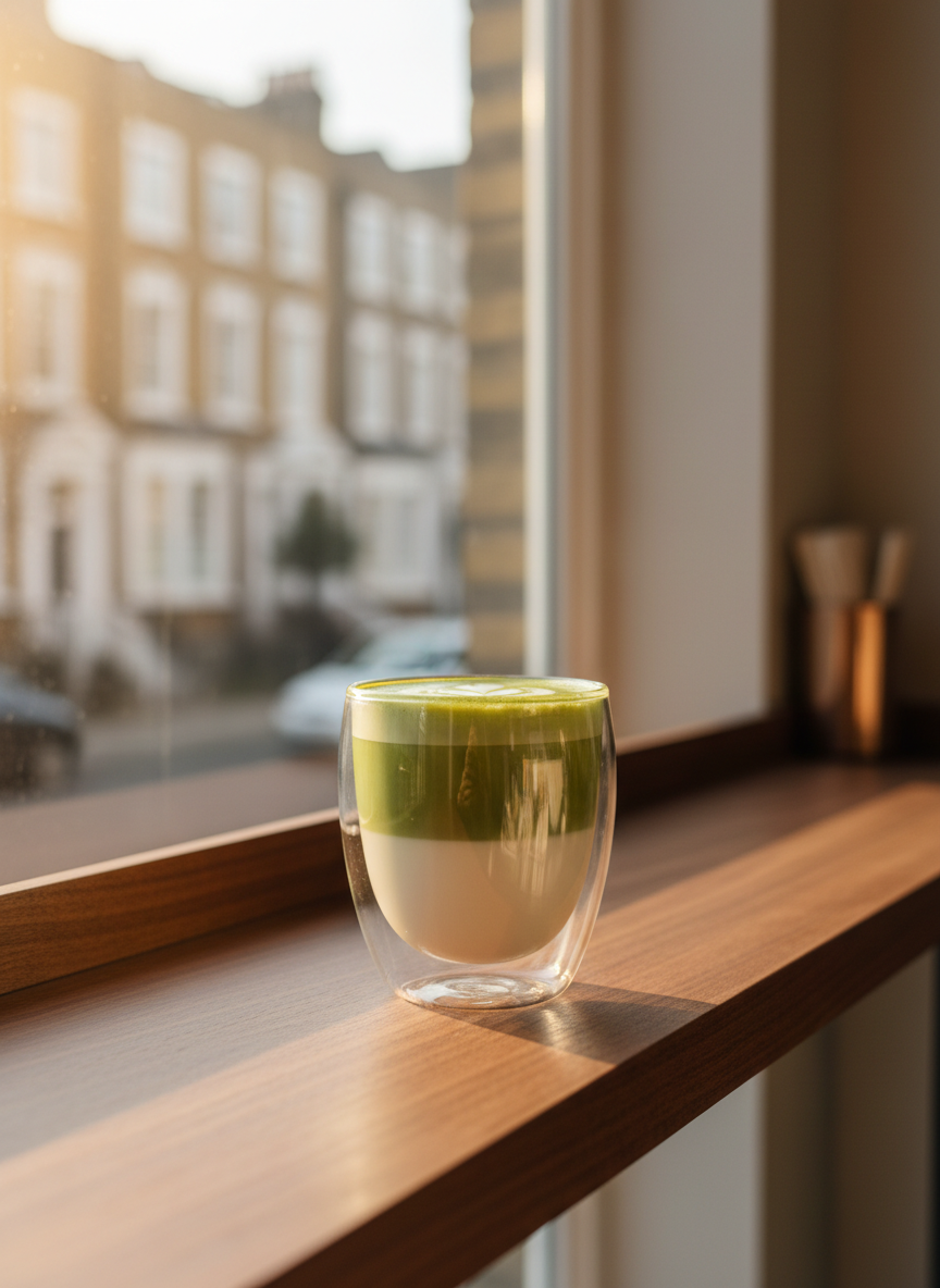 A pristine matcha latte presented in a double-walled borosilicate glass, showcasing clean layers of creamy oat milk and luminous jade-green matcha, perfectly fused into a smooth gradient. The glass sits on a narrow walnut bar facing a large, unseen window, with the blurred suggestion of London townhouses beyond. Delicate latte art floats on the surface, surrounded by a faint ring of microfoam. Golden-hour sunlight streams in from the left, casting a warm glow and creating a graceful reflection on the bar’s surface. The background fades into a soft bokeh of neutral tones and subtle metallic accents. Captured from a slightly elevated three-quarter angle in photographic realism, the mood is quietly indulgent, modern, and sophisticated, ideal for a premium matcha-focused cafe website hero image.