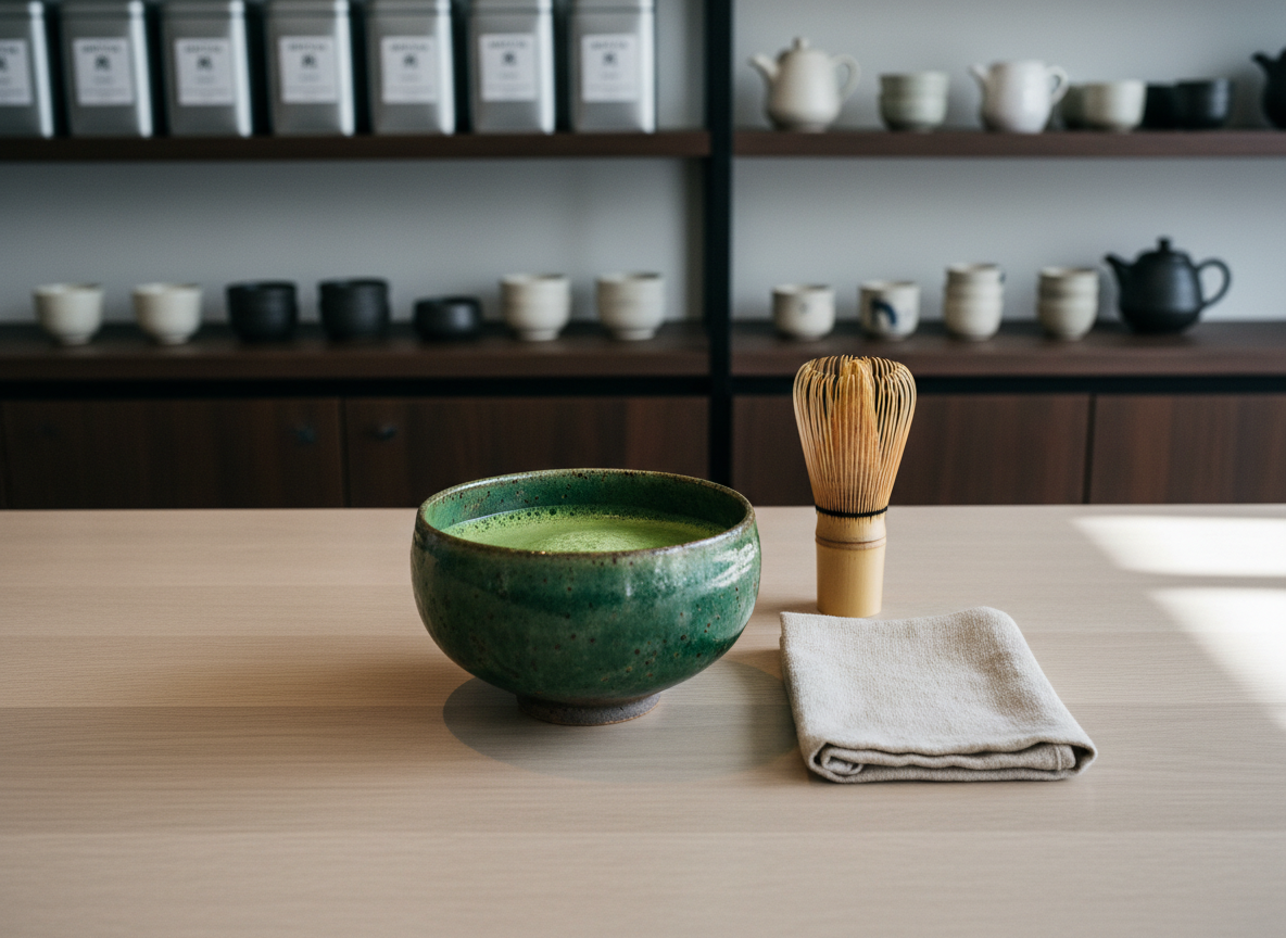 A meticulously arranged matcha bar scene featuring a handcrafted ceramic chawan filled with vivid emerald matcha, its surface showing delicate microfoam and fine bubbles. The bowl rests on a pale oak counter with a soft satin finish, beside a bamboo chasen and a folded linen napkin in muted ecru. In the background, sleek shelving holds neatly aligned tins of premium matcha and minimalist Japanese ceramics, slightly out of focus. Gentle mid-morning London daylight filters through an unseen window, creating refined highlights on the glaze and soft, elongated shadows. Photographed at eye level with a shallow depth of field, the composition follows the rule of thirds, conveying a calm, sophisticated, photographic realism with a clean, contemporary Japanese-inspired aesthetic.